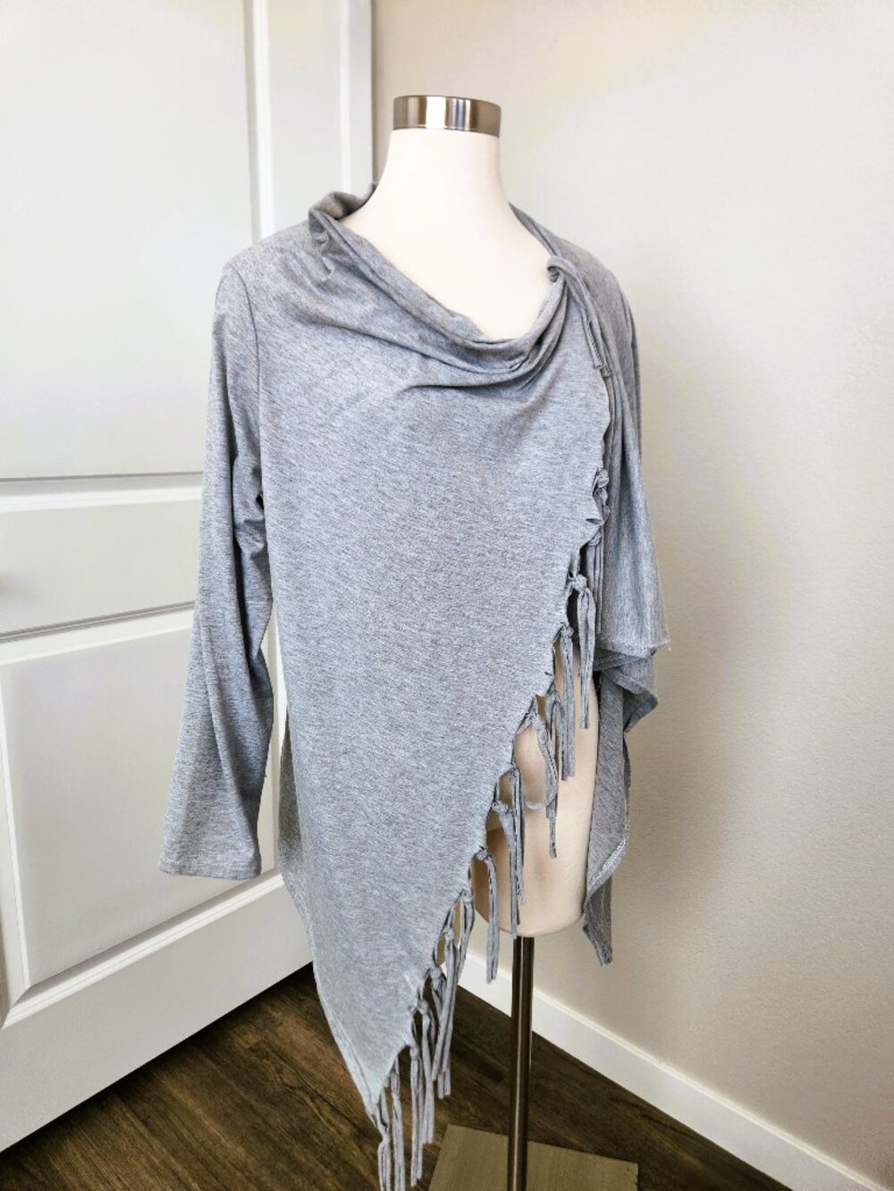Asymmetrical Cowl Neck Cardigan with Fringe Women's Size XL